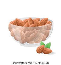 Vector raw almonds ripe in a glass bowl. Realistic  almond nuts set inside a bowl. Isolated vector design elements on white background. Almonds with green leaves. Organic, vegan and healthy food. 