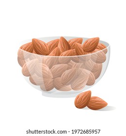 Vector raw almonds ripe in a glass bowl. Realistic  almond nuts set inside a bowl. Isolated vector design elements on white background. Organic, vegan and healthy food. Vector illustration.