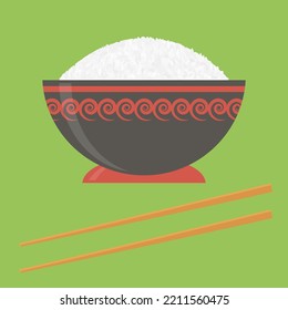 Vector de granos de arroz de facetas crudas con icono de palos sobre fondo verde. Ilustración de cocina de semillas asiáticas. Comida de dibujos animados.