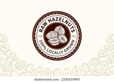 Logo de avellanas crudas vectoras. Ilustración de semillas y cáscaras de avellanas