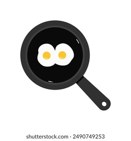 Vector - Raw two eggs on black pan isolated on white background. Breakfast. Simple, cartoon style.