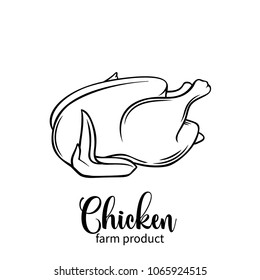 Vektorillustration rohes ganzes Huhn. Retro handgezeichnete Abzeichen für Design-Agrarprodukt und Markt.