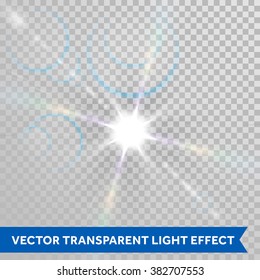 Vector ray of sunlight. Lens flare magic star shine glimmer. Glowing sun beam glaring isolated on transparent background