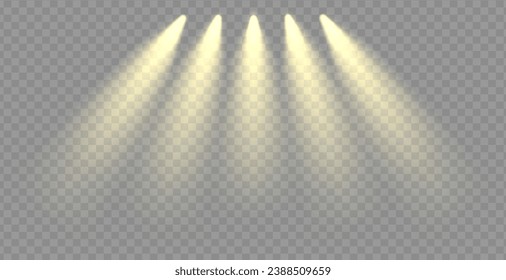Vector rays of light flare effect. Cinema beam illuminate empty interior. Spotlight shine golden beams. Warm projector png stage award ceremony.