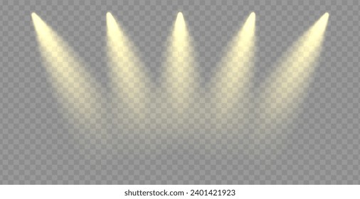 Vector rays of light flare effect. Cinema beam illuminate empty interior. Spotlight shine golden beams. Warm projector png stage award ceremony.