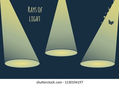Vector rays of light or scene spotlights. Yellow shine. Butterfly flying to the light