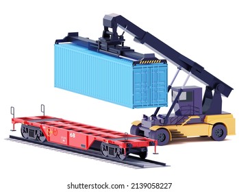 Vector reach stacker or container loader loading railroad car. Crane lifting maritime intermodal cargo container over railcar. International trade and logistics illustration