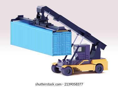 Vector reach stacker or container loader. Crane lifting maritime intermodal cargo container. International trade and logistics illustration