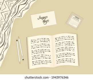 Vector read concept on beige background. Open fictional nonexistent book for reading, patterned plaid, September calendar paper, Happy day lettering card are on the bed or table in the room