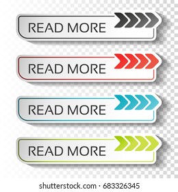 Vector read more buttons with arrow pointer. Black, blue, red and green labels. Stickers with shadow on transparent background for business, information page, menu, options, navigation.
