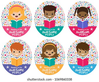 Vector Reading Kids Graphic Set. Cute multicultural vector illustrations perfect for school, kids, scrapbooking, and home decor projects.