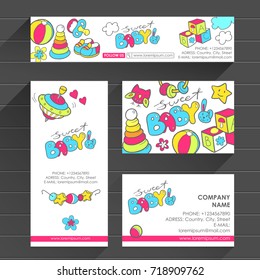 Vector ready design template for early development club, child Center or newborn shop. Site header, business card, brochure and flyer. Bright fresh design with toys, hearts and stars. Doodle style