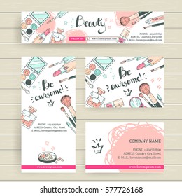 Vector ready design template for makeup artist, makeup studio or cosmetics shop. Site header,  business card, brochure and flyer. Doodle style, pastel colors. Be awesome