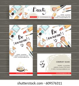 Vector ready design template for makeup artist, makeup studio or cosmetics shop. Site header,  business card, brochure and flyer. Doodle style, pastel colors. Be awesome