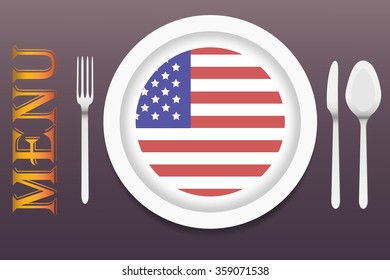 The vector is ready to offer the American menu. In the middle of the vector is a white plate with circular American national flag at the bottom. Other utensils are beside the plate.