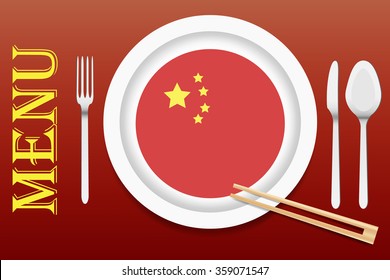 The vector is ready to offer the Chinese menu. In the middle of the vector is a white plate with circular Chinese flag at the bottom. Other utensils and wooden chopsticks are beside the plate. 