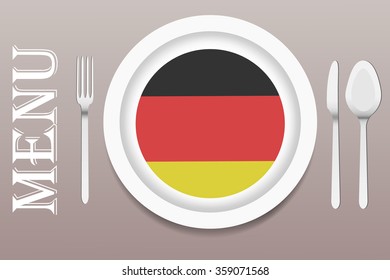 The vector is ready to offer the German menu. In the middle of the vector is a white plate with circular German flag at the bottom. Other utensils are beside the plate. 