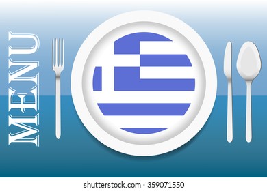 The vector is ready to offer the Greek menu. In the middle of the vector is a plate with circular Greek flag at the bottom. Everything is on a blue sea horizon gradient background.