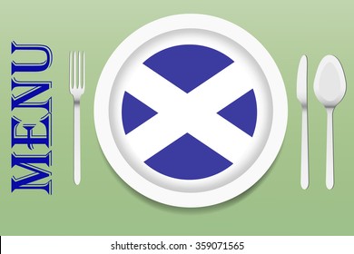 The vector is ready to offer the Scottish menu. In the middle of the vector is a plate with circular Scottish flag at the bottom. Other utensils are beside the plate. All is on a green background.