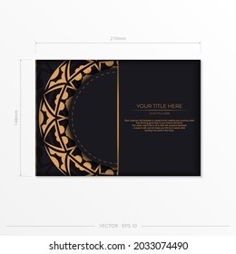 Vector Ready to print postcard design in black color with orange patterns. Invitation card template with place for your text and abstract ornament.