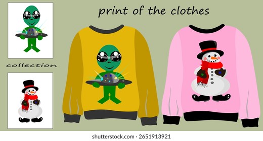 Vector ready-made set for textile design. Alien and snowman. Print for clothes. Print for clothes. Design of sweaters, t-shirts, pants, pajamas. Illustration. Print for clothes.