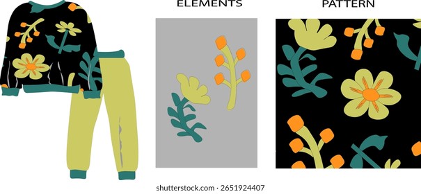 Vector ready-made set for textile design. Seamless pattern of flower elements. Print for clothing. Design of sweaters, T-shirts, pants, pajamas. Illustration. Print for clothing.