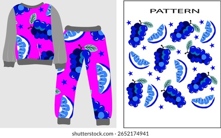 Conjunto de vetor pronto para design têxtil. Padrão contínuo de deliciosas bagas azuis e limões. Imprimir para roupas. Design de camisolas, camisetas, calças, pijamas. Ilustração. Imprimir para roupas.
