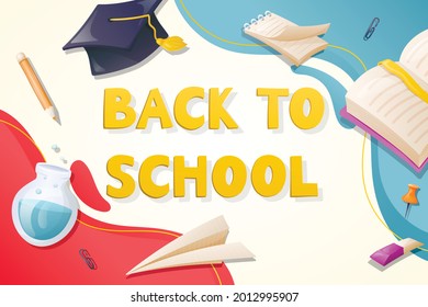 Vector ready-made template with the inscription back to school. Modern advertising banner with stationery and supplies stickers.