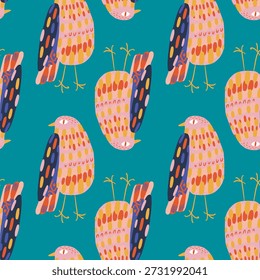 Vector reaky cool funny hand-drawn doodlish abstract bird seamless pattern, Scandinavian freehand style minimal collage clipart, for cloth and more variants