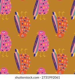 Vector reaky cool funny hand-drawn doodlish abstract bird seamless pattern, Scandinavian freehand style minimal collage clipart, for cloth and more variants