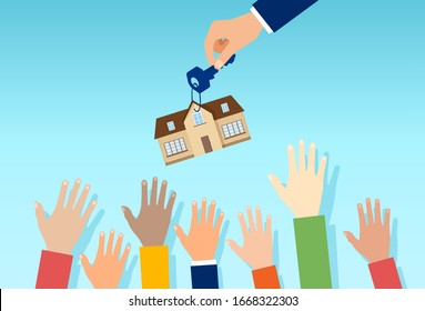 Vector of a real estate agent with house key offering property for sale to a crowd of interested people