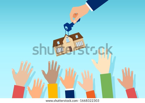 Vector of a real estate\
agent with house key offering property for sale to a crowd of\
interested people