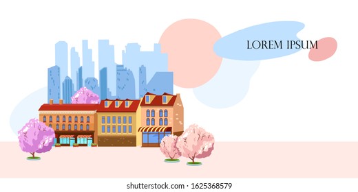
Vector real estate banner with cute vintage houses and big city outline. Urban stock landscape with copy space, sakura in bloom and abstract shapes. Isolated on white. 
