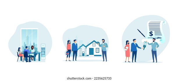 Vector of a real estate broker making a house presentation to a young couple 