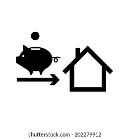 vector real estate buy house and investment icon | modern flat design pictogram money goes from piggy money box to house isolated on white background
