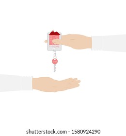 Vector real estate concept in flat style - hand real estate agent holding holds a key with a tag in the form of homes. Demand and supply