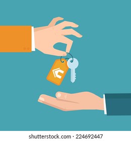 Vector real estate concept in flat style - hands giving keys - sell house icon