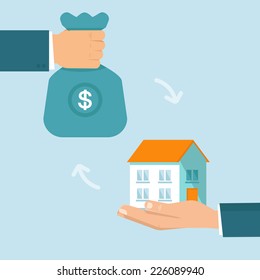 Vector real estate concept in flat style - buying and selling house - hands icons