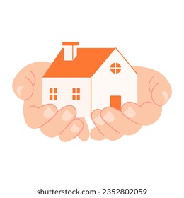 Vector real estate concept in flat style - hands holding house - sell house icon. Housewarming celebration. Special event concept
