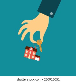 Vector real estate concept in flat style - hand of a real estate agent holding a key with a tag in the form of home