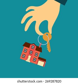 Vector real estate concept in flat style - hand of a real estate agent holding a key with a tag in the form of home