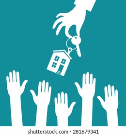 Vector Real Estate Concept In Flat Style - Hand Real Estate Agent Holding Holds A Key With A Tag In The Form Of Homes, And Buyer Is Pulling His Hands. Demand And Supply