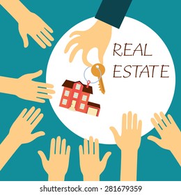 Vector Real Estate Concept In Flat Style - Hand Real Estate Agent Holding Holds A Key With A Tag In The Form Of Homes, And Buyer Is Pulling His Hands. Demand And Supply