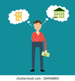 Vector real estate concept in flat style. Man wondered what house to buy; reflection in the clouds of thoughts