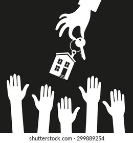 Vector real estate concept in flat style - hand real estate agent holding holds a key with a tag in the form of homes, and buyers are pulling their hands. Demand and supply. Black and white