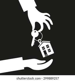 Vector real estate concept in flat style - hand real estate agent holding holds a key with a tag in the form of homes, and buyer is pulling his hands. Demand and supply. Black and white