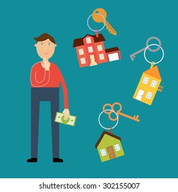 Vector real estate concept in flat style. Buyer with a dollar bill in his hand wondered which house to choose for rental or purchase. Nearby are the keys with key fobs in the form of houses