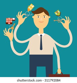 Vector real estate concept in flat style. Multi-armed agent real estate holding keys with key fobs in the form of homes, and the portfolio. Demand and supply