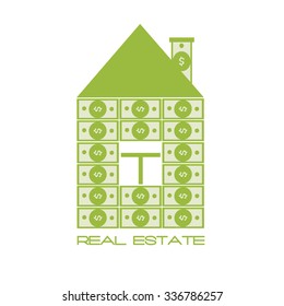 Vector real estate concept in flat style. House of dollar or Euro banknotes, sell or rent your real estate