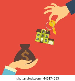 Vector real estate concept in flat style - hand agent holds a key with a tag in the form of homes, and buyer holds a money bag with dollar symbol. Demand and supply